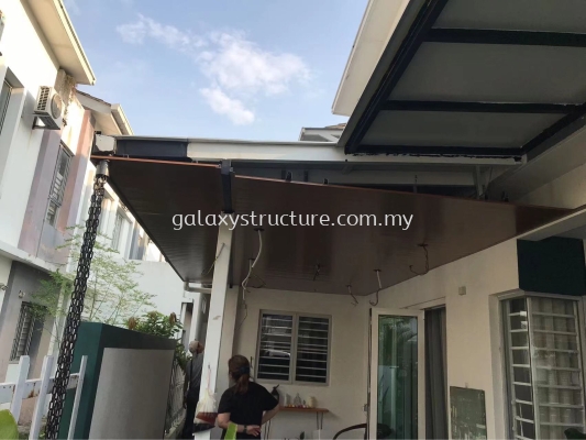 First progress done:1)To extend existing pergola awning paint with Aluminum ceiling panel 2)To relocated wiring job lighting point,fan point and install new down light and new fan - Shah Alam 