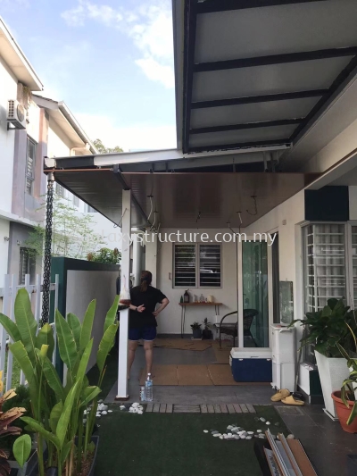 First progress done:1)To extend existing pergola awning paint with Aluminum ceiling panel 2)To relocated wiring job lighting point,fan point and install new down light and new fan - Shah Alam 