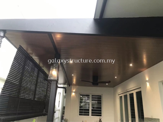 First progress done:1)To extend existing pergola awning paint with Aluminum ceiling panel 2)To relocated wiring job lighting point,fan point and install new down light and new fan - Shah Alam 