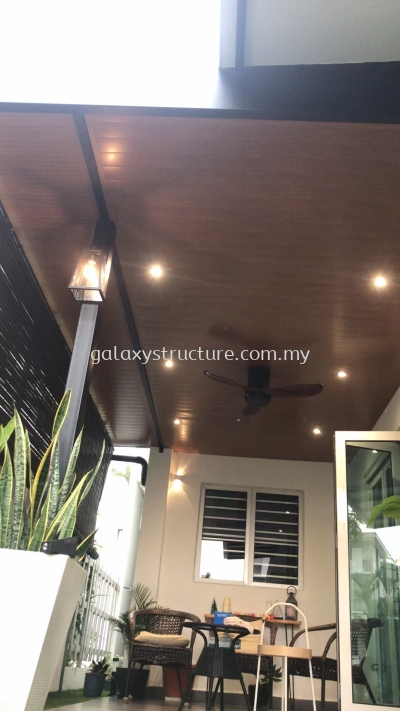 First progress done:1)To extend existing pergola awning paint with Aluminum ceiling panel 2)To relocated wiring job lighting point,fan point and install new down light and new fan - Shah Alam 