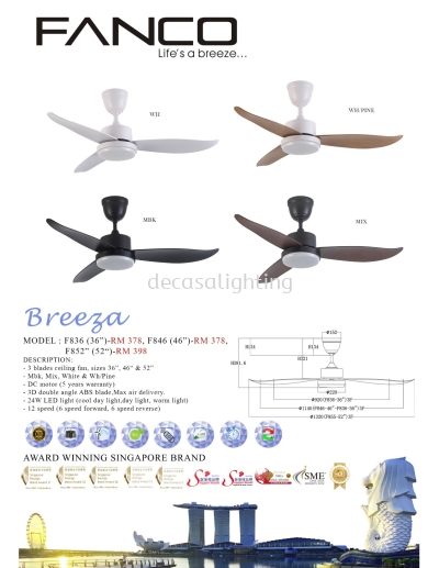 FANCO CEILING FAN / KIPAS SILING FANCO - BREEZA (F836/F846/F852)