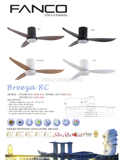 FANCO CEILING FAN / KIPAS SILING FANCO - BREEZA RC (F836RC / F846RC / F852RC)