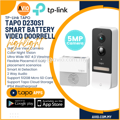 TP-LINK Tplink Tapo Smart Battery Video Doorbell 4MP 4 Megapixel Color Night Vision Camera 4:3 2 Way Talk Tapo D230S1