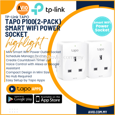 TP-LINK Tplink Wifi Wireless Network 13A UK 3Pin Socket App Control Timer Schedule Remote Monitoring Tapo P100 (2-pack)