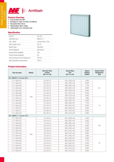 AAF G3 SYNTHETIC AMWASH ALUMINIUM FRAME ECONOMICAL PRE-FILTER