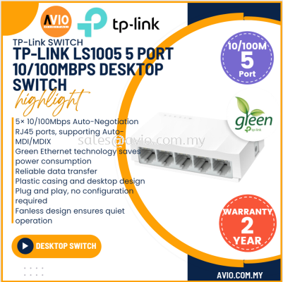TP-LINK Tplink LiteWave 5 Port 10/100M Table Desktop Switch 5x RJ45 Cat5e Cat6 Ethernet Lan Ports Plastic White LS1005