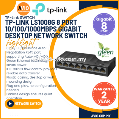 TP-LINK Tplink 8 Port Desktop Gigabit Network Switch 10/100/1000Mbps RJ45 LAN Ports Plug and Play Black Plastic LS1008G