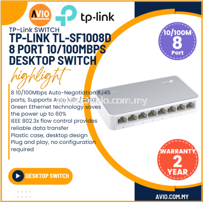 TP-LINK Tplink 8 Port 10/100Mbps Desktop Network Switch RJ45 LAN Ports Plug and Play Plastic White SF1008D TL-SF1008D