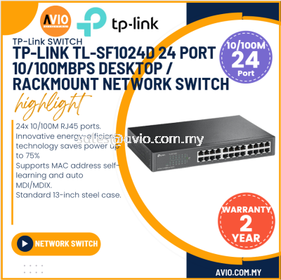 TP-LINK Tplink 24 Port 10/100M Network Unmanaged Switch RJ45 LAN Ports 13 Inch Rack Mountable Steel SF1024D TL-SF1024D