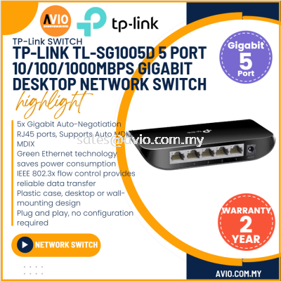 TP-LINK Tplink 5 Port Desktop Gigabit Switch 10/100/1000Mbps RJ45 LAN Ports Plug and Play Black SG1005D TL-SG1005D