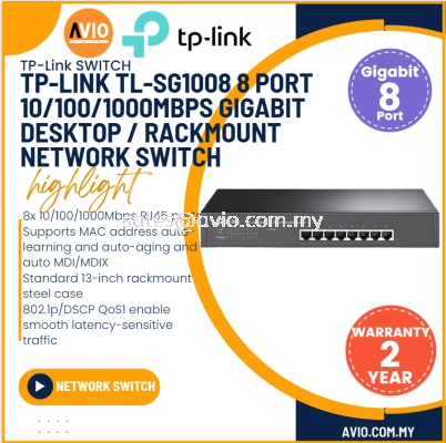 TP-LINK Tplink 8 Port Gigabit Network Switch RJ45 LAN Ports 1U 13 Inch Rack Mountable Steel Case Black SG1008 TL-SG1008