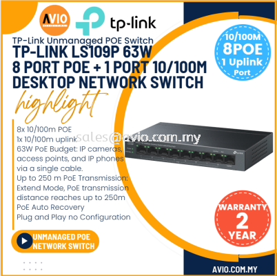 Tp-link Tplink 8 +1 100m Desktop IP Network POE Switch 8 Port PoE + 1 10/100m Uplink RJ45 LAN 63W Max 250m LS109P