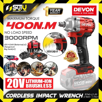 [SET] DEVON 5760-LI-20 20V 400NM 1/2" Brushless Cordless Impact Wrench / Sepana Impak / 綯 w/ 2xBat4.0Ah + Charger