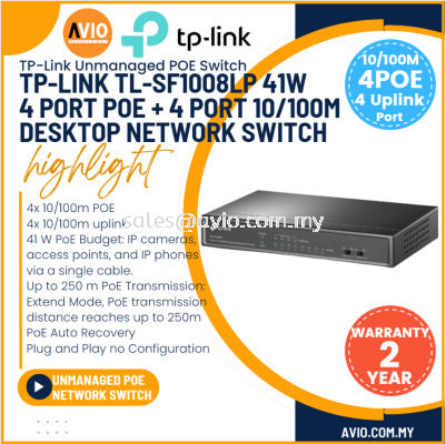 TP-LINK Tplink 4  +4 100M IP Network Desktop POE Switch 4 POE Port 4 Port RJ45 Uplink 41w Power Max SF1008LP TL-SF1008LP