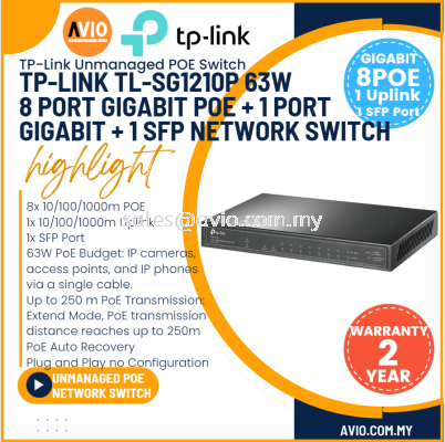 TP-LINK Tplink 8 +1 Gigabit IP Network POE Switch 8 Port POE 1 RJ45 10/100/100m Uplink 1 SFP 63W Max SG1210P TL-SG1210P