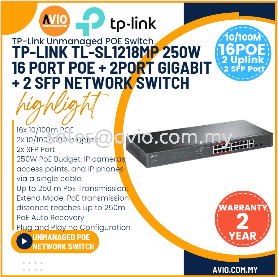 TP-LINK Tplink 16 +2 100M IP Network Desktop POE Switch 16 Port POE 2x  Gigabit Uplink 2 SFP 250W SL1218MP TL-SL1218MP POE SWITCH TP-LINK Johor  Bahru (JB), Kempas, Johor Jaya Supplier, Suppliers,