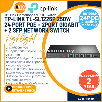 TP-LINK Tplink 24 Port 100M IP Network Rackmount POE Switch 24 Port POE 2x Gigabit Uplink 2x SFP 250W SL1226P TL-SL1226P