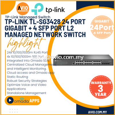 TP-LINK Tplink 24 +4 Port Gigabit RJ45 LAN L2+ Managed IP Network Switch 24x Gigabit Ethernet 4 SFP SG3428 TL-SG3428