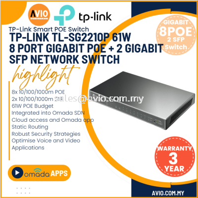 TP-LINK Tplink 8 POE+2 SFP IP Network Gigabit Managed Network POE Switch 8 10/100/100m RJ45 2 SFP 61W SG2210P TL-SG2210P