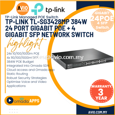 TP-LINK Tplink 24 Gigabit POE + 4 SFP L2+ Managed IP Network POE Switch 24x 10/100/1000m RJ45 POE 2 SFP 384W TL-SG3428MP