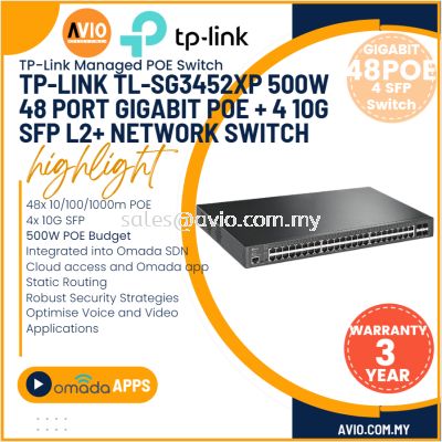 TP-LINK Tplink 48 Gigabit POE + 4 10GSFP L2 Managed IP Network POE Switch 48x 10/100/1000m POE 4x SFP 384W TL-SG3452XP