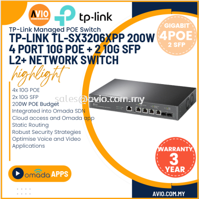 TP-LINK Tplink 4 10G POE Port 2 10G SFP L2 Managed IP Network POE Switch 4x 10000m RJ45 POE 2x 10G SFP 200W TL-SX3206HPP