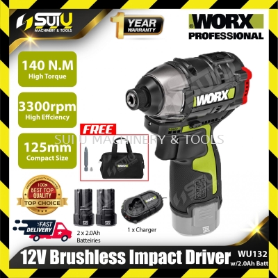 WORX WU132 12V 1/4" Brushless Impact Driver 140N.M 3300rpm (1xCharger+2x Batteries 2.0Ah)