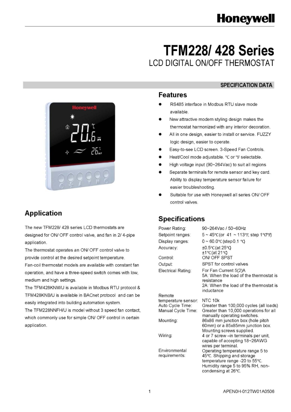 HONEYWELL TFM228KN/U LCD DIGITAL AC FAN COIL THERMOMETER (AC90~240V,50/60HZ)(TACT SWITCH)(12-PC/BOX)