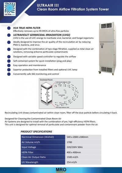 ULTRAAIR III Clean Room Airflow Filtration System Tower