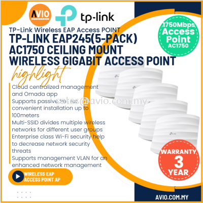 TP-LINK Tplink 5x EAP245 AC1750 Ceiling Mount Dual Band 2.4GHz 5GHz Wifi Access Point Omada POE 48V 0.5A EAP245(5-pack)