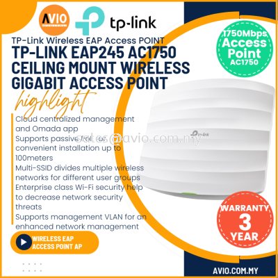 TP-LINK Tplink EAP245 AC1750 Ceiling Mount Dual Band 2.4GHz 5GHz Wifi Access Point Omada Ap POE 48V 0.5A EAP245