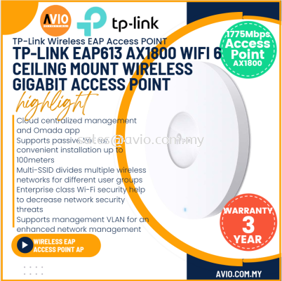 TP-LINK Tplink AX1800 Ceiling Mount Dual Band Wifi Wi-Fi 6 Access Point 574Mbps 2.4GHz 1201Mbps 5GHz Omada POE+ EAP613