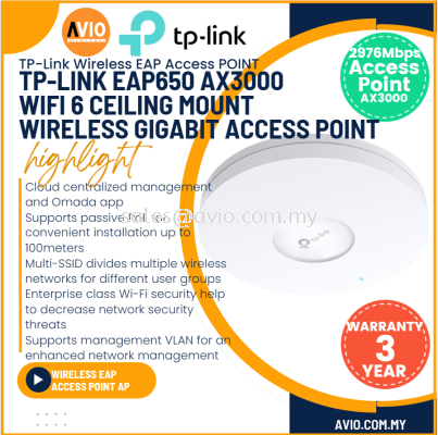 TP-LINK EAP650 AX3000 Ceiling Mount Dual Band 2.4GHz 5GHz Wifi 6 Access Point PoE+ Slim White EAP650