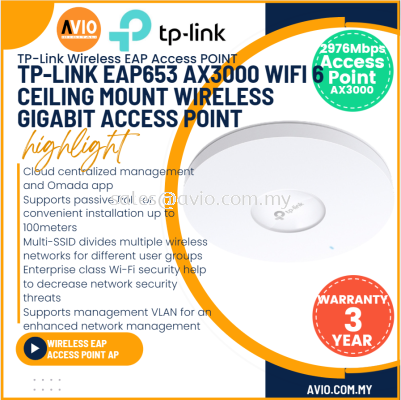 TP-LINK Tplink AX3000 Ceiling Mount Dual Band 2.4GHz 5GHz Wifi Wi-Fi 6 Access Point 574Mbps 2402Mbps Omada Mesh EAP653