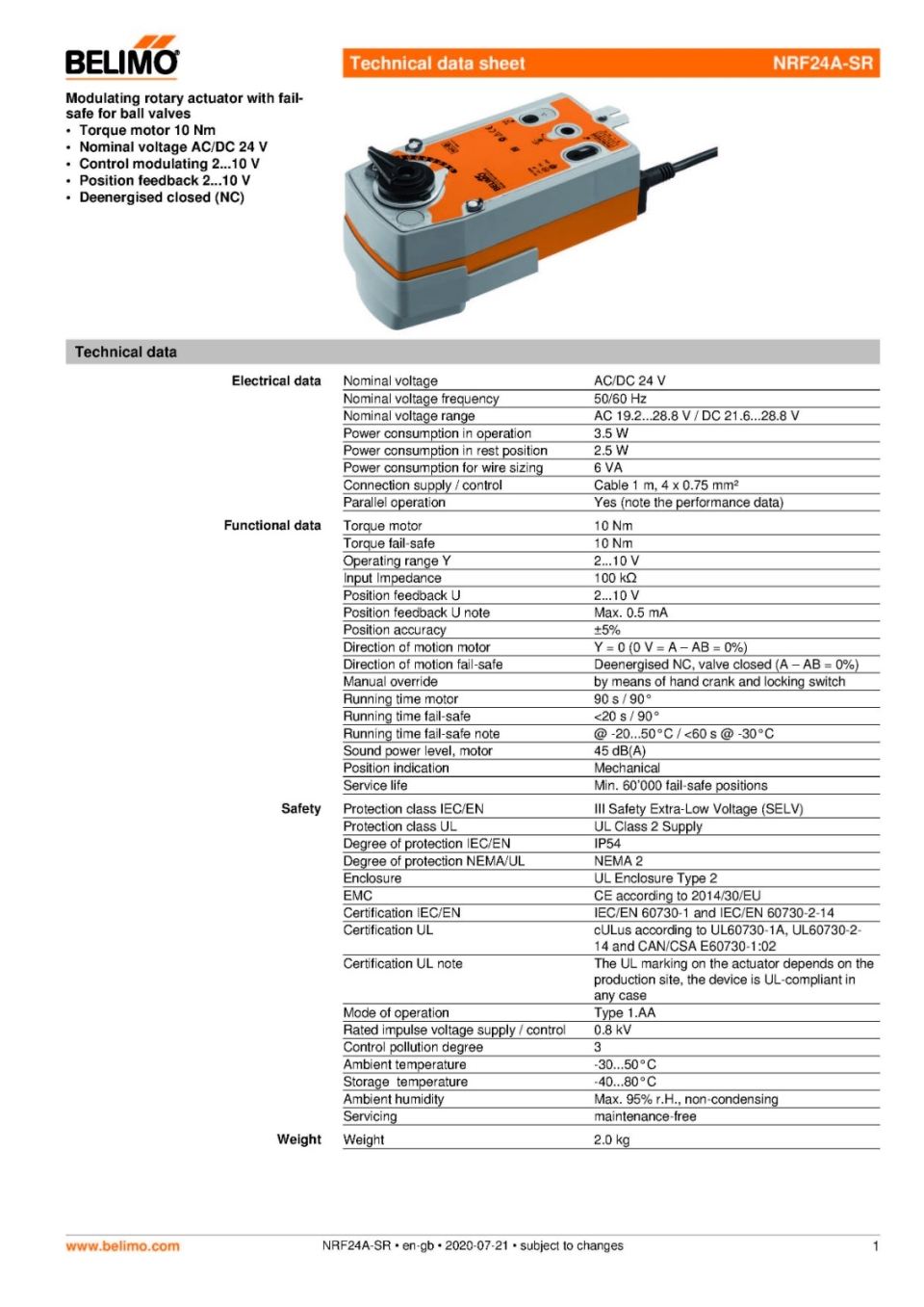 BELIMO NRF24A-SR (10NM, AC/DC 24V 50/60HZ) MODULATING ROTARY ACTUATOR FOR BALL VALVE (SPRING RETURN)