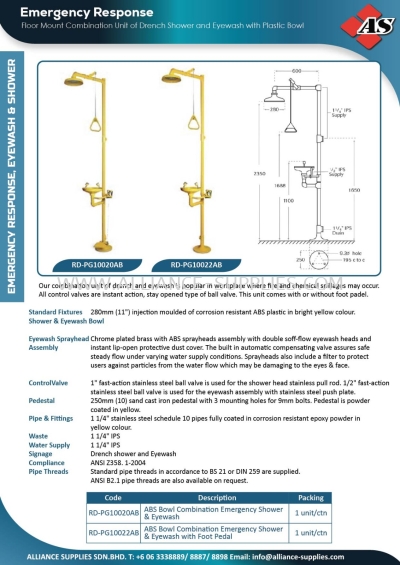 Floor Mount Combination Unit of Drench Shower and Eyewash with Plastic Bowl