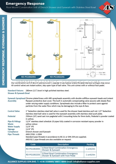 Floor Mount Combination Unit of Drench Shower and Eyewash with Stainless Steel Bowl