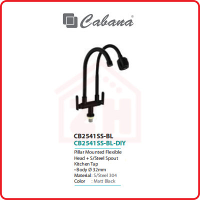 CABANA PILLAR MOUNTED FLEXIBLE HEAD + S/STEEL SPOUT KITCHEN TAP CB2541SS-BL