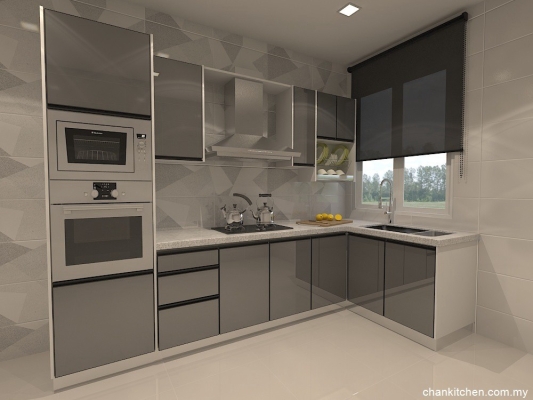 Rekaan 3D Kabinet Dapur Aluminium (Magic Glass)