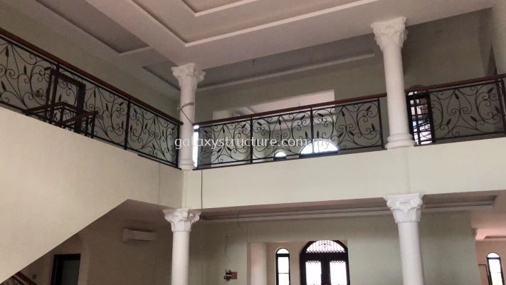 To fabrication and install new custom make wrought iron powder coated staircase railing with wood handle - Kajang 