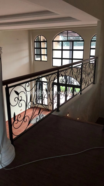 To fabrication and install new custom make wrought iron powder coated staircase railing with wood handle - Kajang 