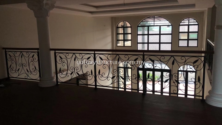 To fabrication and install new custom make wrought iron powder coated staircase railing with wood handle - Kajang 