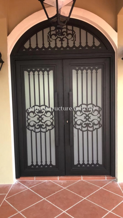 To fabrication and install custom make safety door new product laser cut antique art design powder coated with tempered Matt glass - Kajang