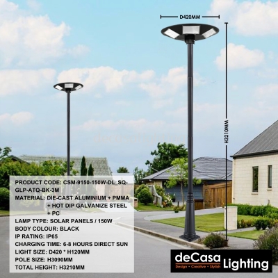 SOLAR OUTDOOR POLE LIGHT (CSM-9150-150W-DL_SQ-GLP-ATQ-BK-3M)