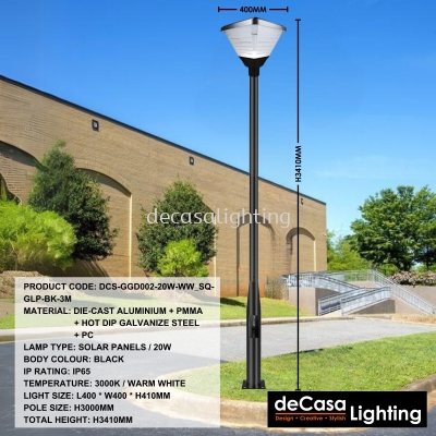 SOLAR OUTDOOR POLE LIGHT (DCS-GGD002-20W-WW_SQ-GLP-BK-3M)