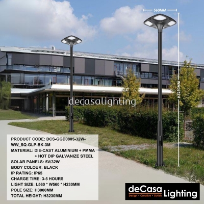 SOLAR OUTDOOR POLE LIGHT (DCS-GGD0805-32W-WW_SQ-GLP-BK-3M)