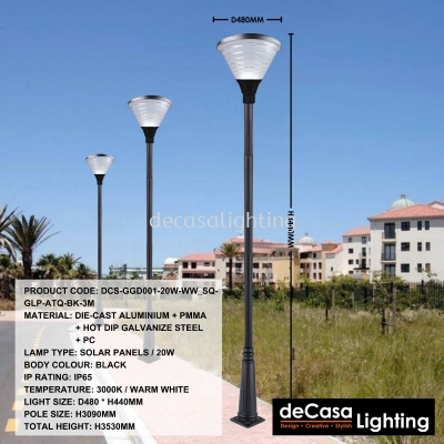 SOLAR OUTDOOR POLE LIGHT (DCS-GGD001-20W-WW_SQ-GLP-ATQ-BK-3M)