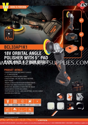 BAHCO 18V Orbital Angle Polisher With 5 Pad Size And 4.7mm Orbit - BCL33AP1K1