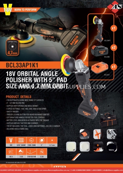 BAHCO 18V Orbital Angle Polisher With 5 Pad Size And 4.7mm Orbit - BCL33AP1K1