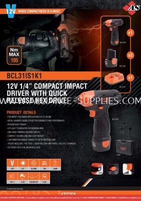 BAHCO 12V 1/4 Compact Impact Driver With Quick Release Hex Drive - BCL31IS1K1